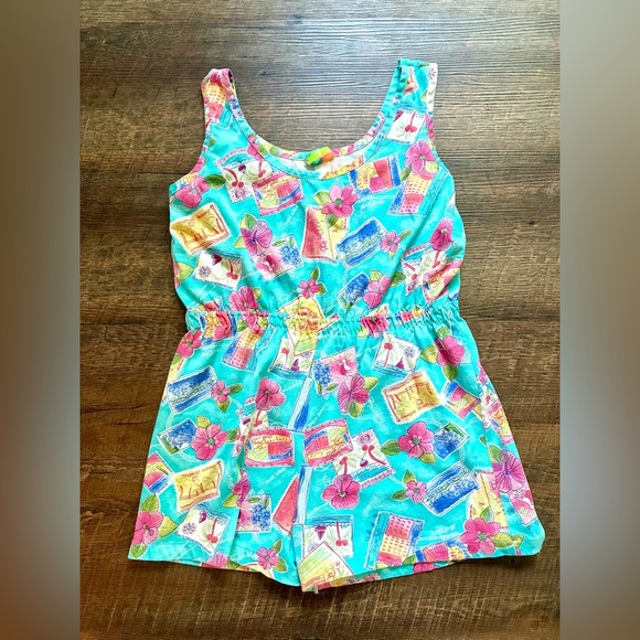 TROPICAL ESCAPE vintage romper Hawaiian tropical hotel hibiscus romper sz M EUC - Picture 1 of 13